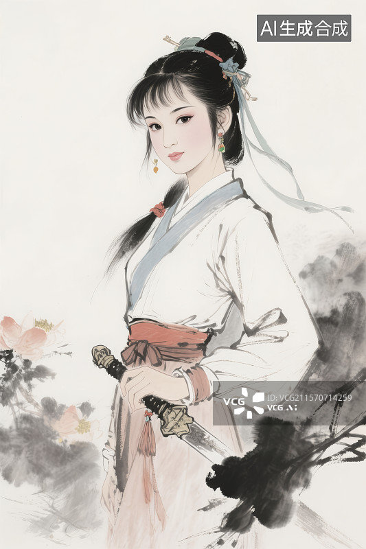 【AI数字艺术】金庸笔下侠客持剑写意画小龙女图片素材