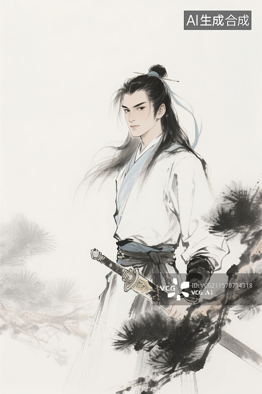 【AI数字艺术】金庸笔下侠客持剑写意画杨过图片素材