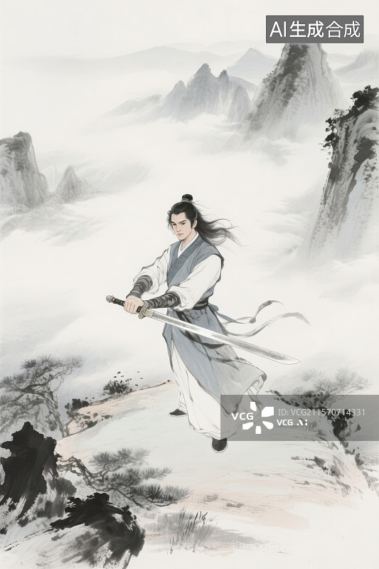 【AI数字艺术】金庸笔下侠客持剑写意画杨过图片素材