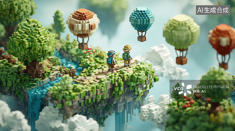 【AI数字艺术】像素风格热气球悬浮森林冒险岛图片素材