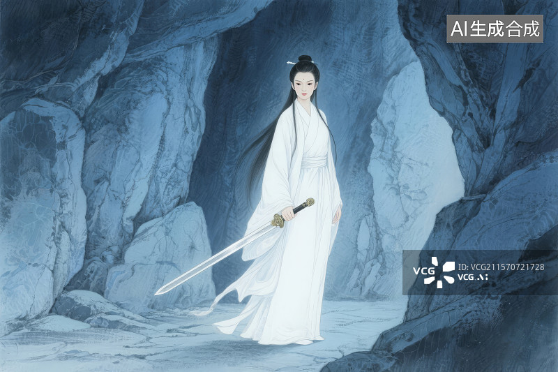 【AI数字艺术】水墨画插画，武侠神雕侠侣人物金庸笔下的小龙女，站在古墓中，手持一把宝剑图片素材