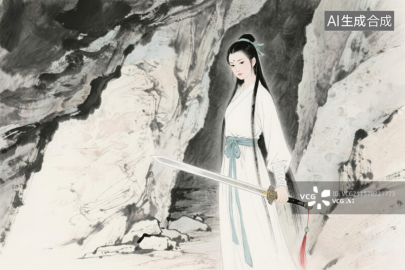 【AI数字艺术】水墨画插画，武侠神雕侠侣人物金庸笔下的小龙女，站在古墓中，手持一把宝剑图片素材