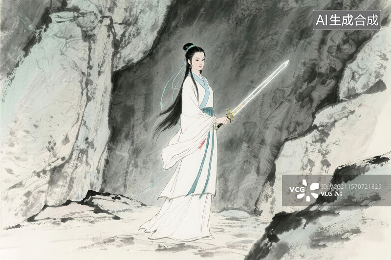 【AI数字艺术】水墨画插画，武侠神雕侠侣人物金庸笔下的小龙女，站在古墓中，手持一把宝剑图片素材