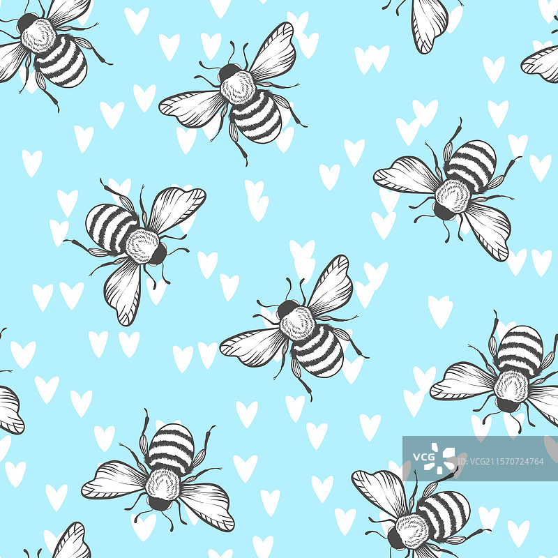 带有蜜蜂的无缝图案，背景为彩色图片素材