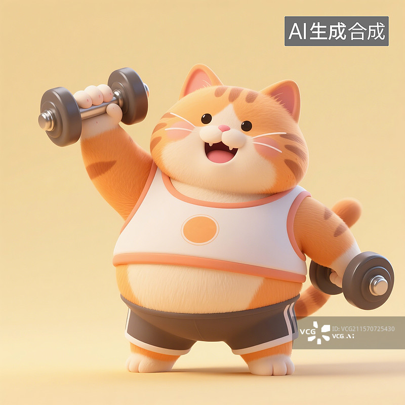 【AI数字艺术】3D渲染卡通动物，一只胖乎乎的橘猫举着哑铃，正在健身，运动，锻炼，减肥瘦身图片素材