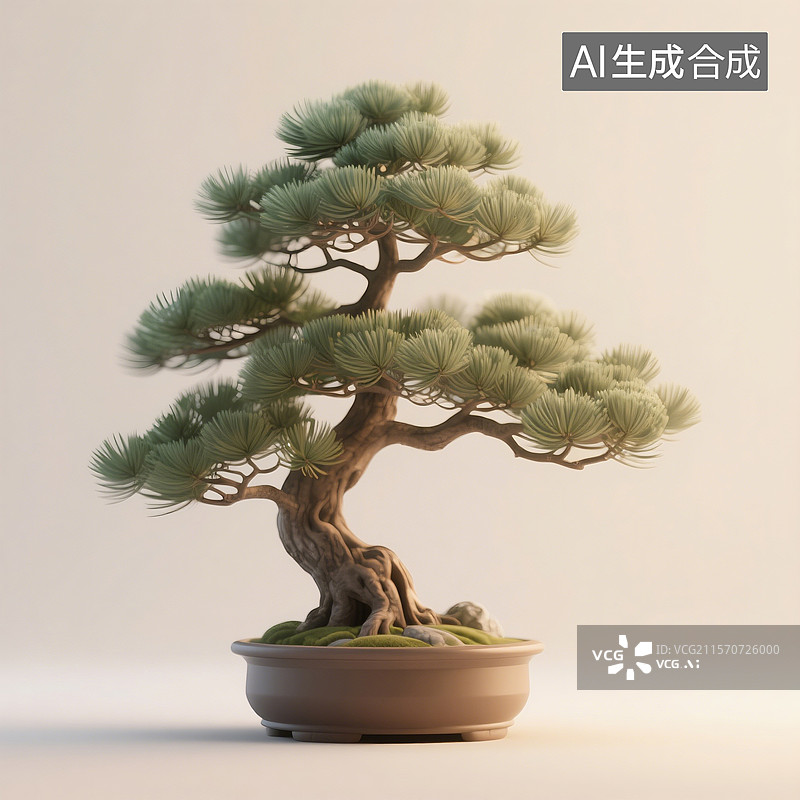 【AI数字艺术】3D渲染国风元素，罗汉松盆景，文房清供，松树盆栽，中式植物花卉图片素材