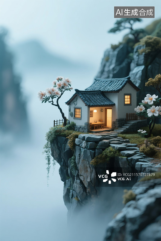 【AI数字艺术】微缩景观，色彩渲染，苏绣色调 内发光，晕染浓雾，3D，悬崖上的石屋图片素材