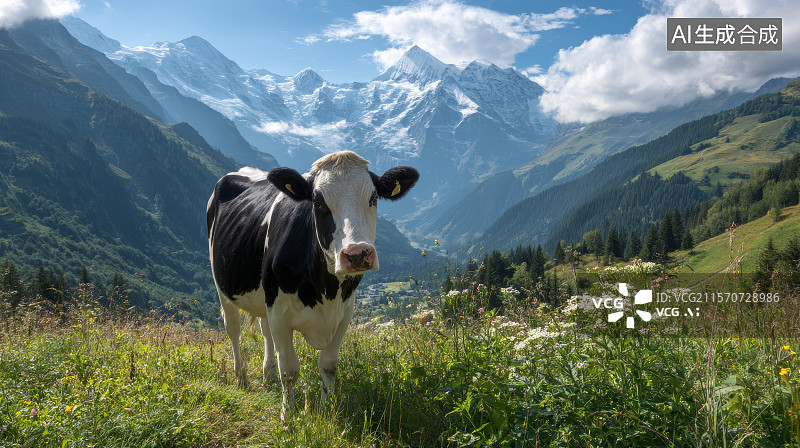 【AI数字艺术】夏季雪山下的奶牛图片素材
