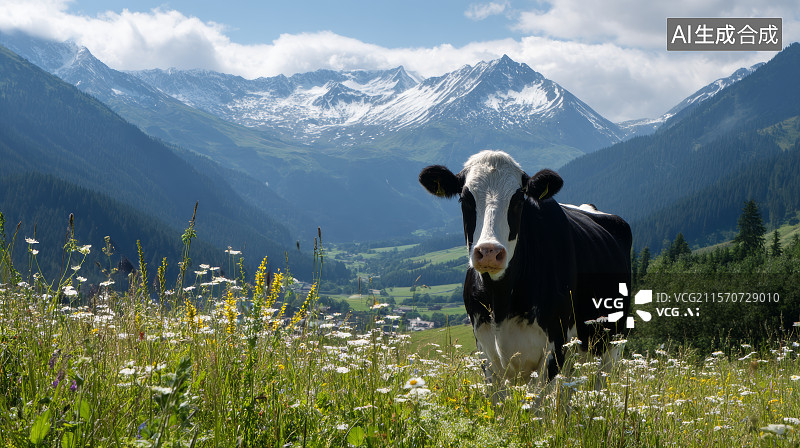 【AI数字艺术】夏季雪山下的奶牛图片素材