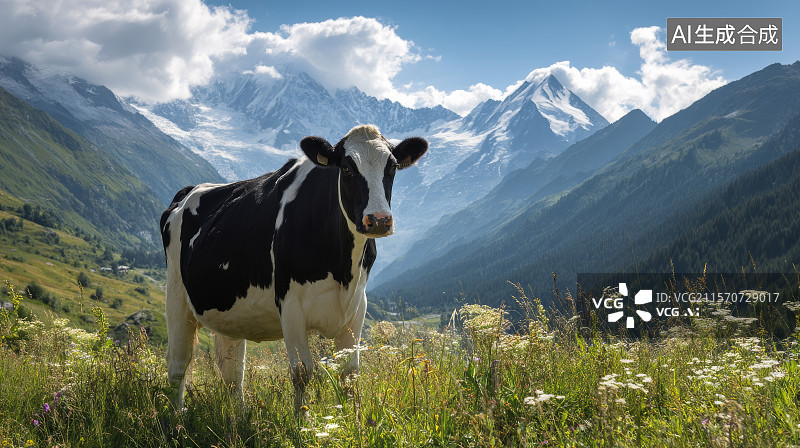 【AI数字艺术】夏季雪山下的奶牛图片素材