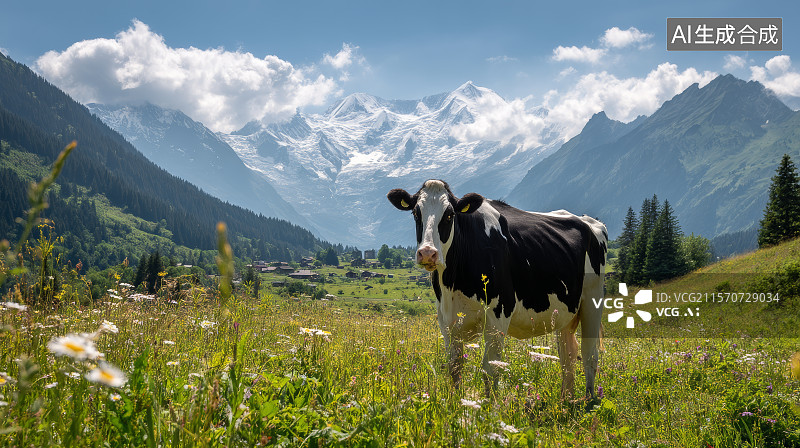 【AI数字艺术】夏季雪山下的奶牛图片素材