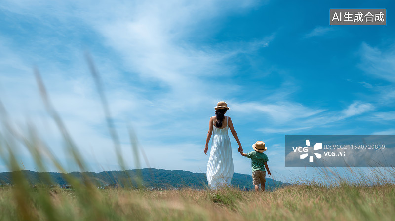 【AI数字艺术】母子站在草地上的后视图图片素材
