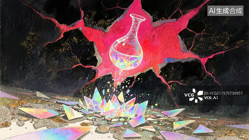 【AI数字艺术】爆炸中的化学烧瓶与晶体图片素材