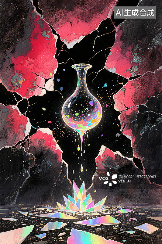 【AI数字艺术】破碎墙中的彩色液体瓶图片素材