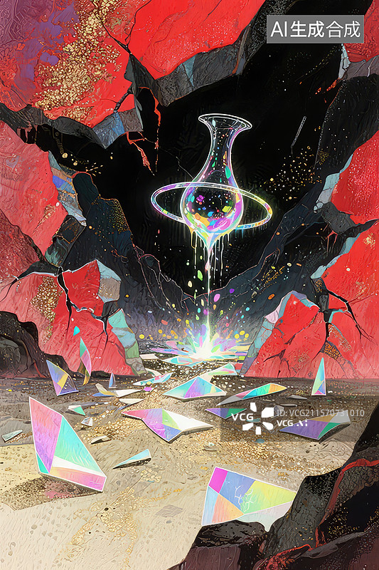 【AI数字艺术】悬浮的彩色玻璃瓶与破碎的地面图片素材