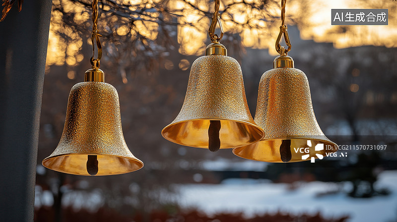 【AI数字艺术】三只金色铃铛悬挂在冬季背景前图片素材