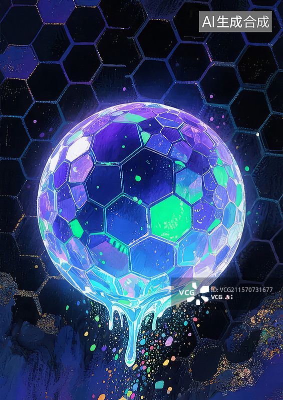 【AI数字艺术】发光的六边形球体图片素材