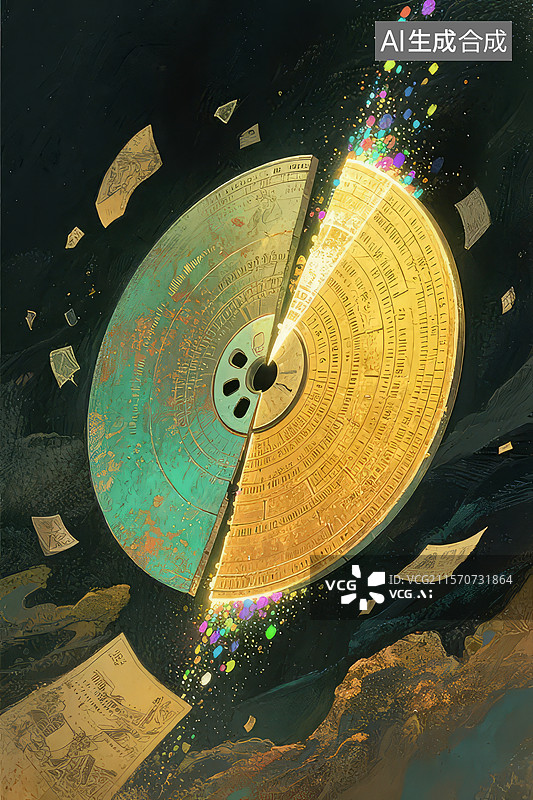 【AI数字艺术】破裂的金色圆盘与彩色碎片图片素材