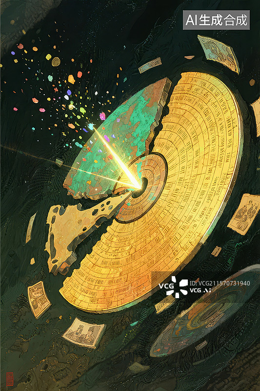 【AI数字艺术】破裂的金色圆盘与彩色碎片图片素材