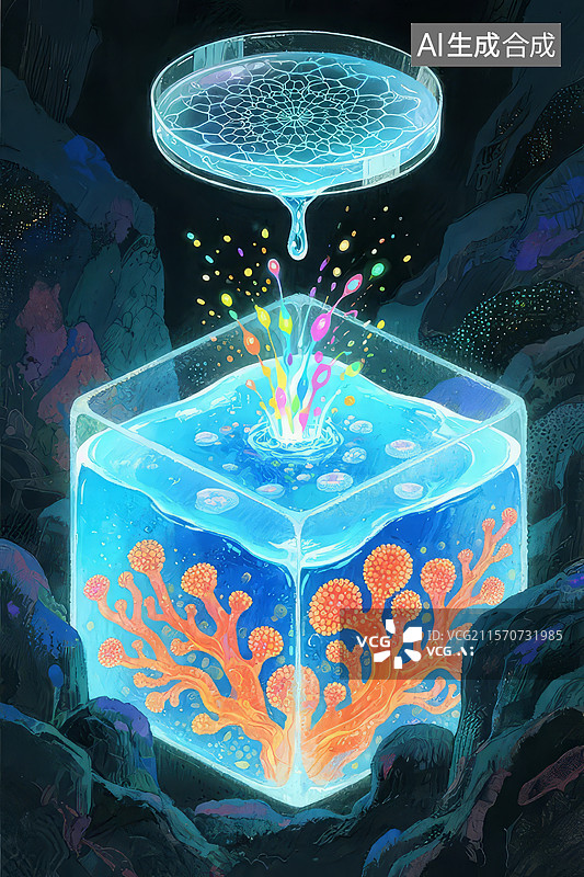 【AI数字艺术】发光立方体中的珊瑚与水滴图片素材