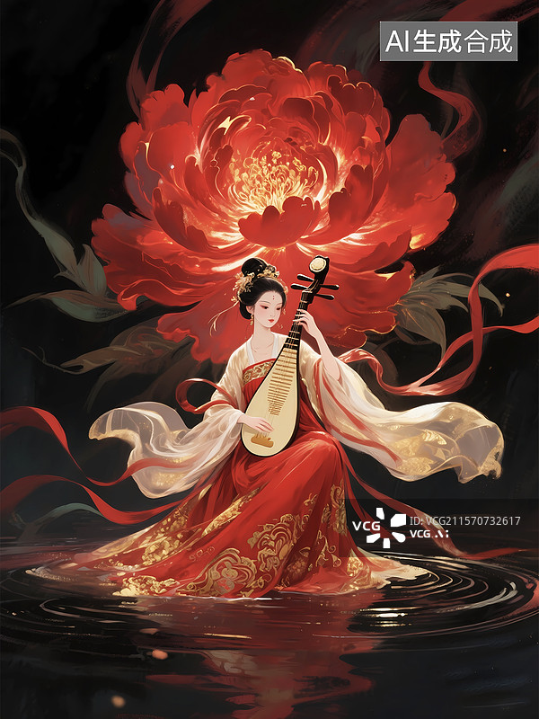 【AI数字艺术】华丽唐风牡丹琵琶美女图图片素材