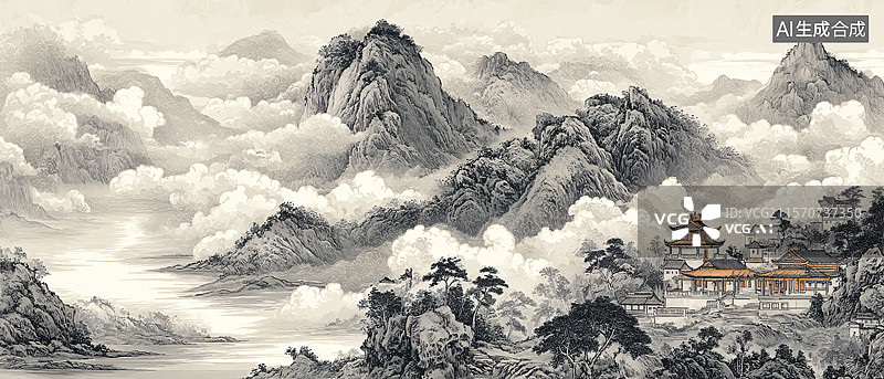 【AI数字艺术】国风云雾缭绕的山水画卷图片素材