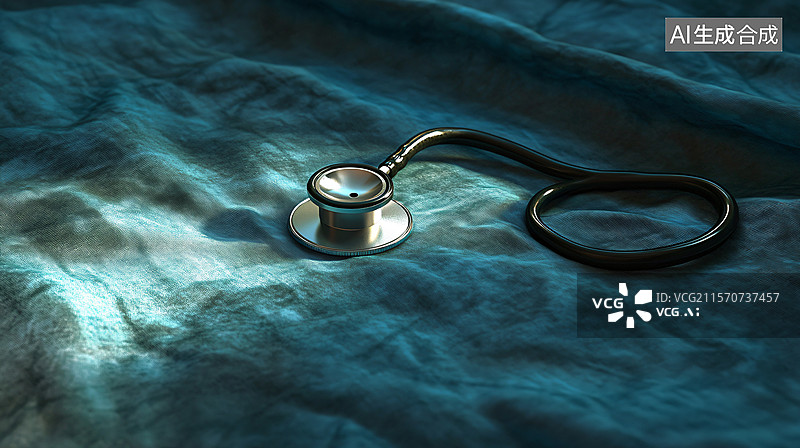 【AI数字艺术】蓝绿色床单上的听诊器图片素材