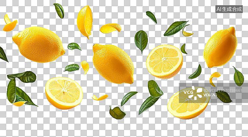 【AI数字艺术】飞舞在空中的黄色绿色柠檬免扣元素，夏天食品海报图片素材