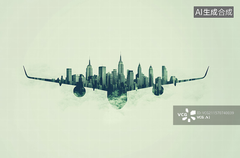 【AI数字艺术】飞机飞越城市剪影图片素材