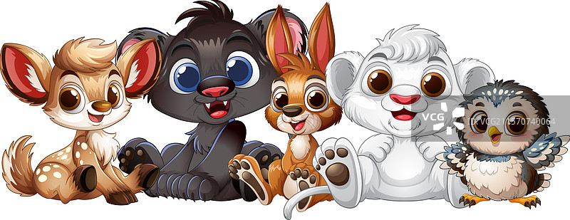 可爱的动物们快乐地坐在友好的小组中图片素材
