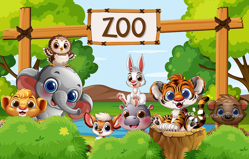 可爱的动物们在动物园入口快乐地聚集在一起图片素材