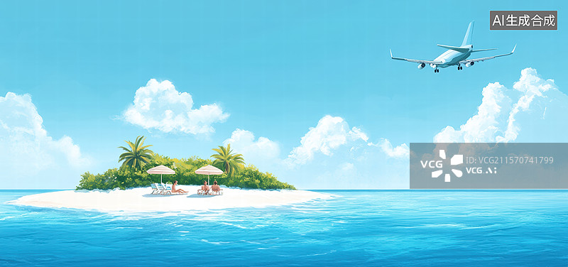 【AI数字艺术】蓝天下的孤岛梦图片素材