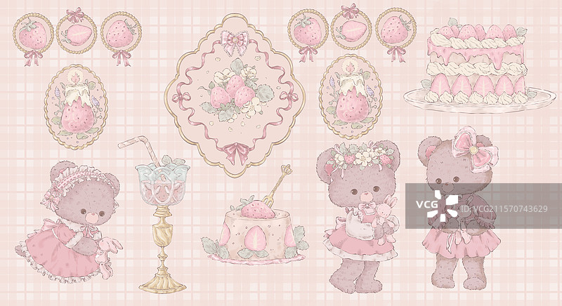 粉萌小熊与草莓甜点柄图印花插画图片素材