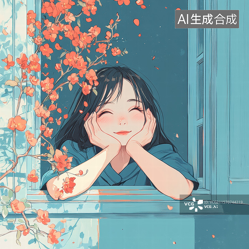 【AI数字艺术】窗边少女的静谧时光图片素材