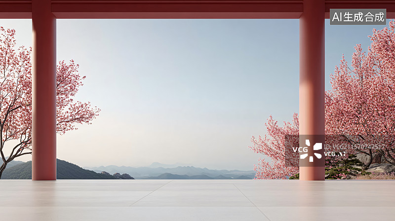 【AI数字艺术】传统中国古建筑，搭配粉色与红色花朵，地面上的装饰性地砖，创造出一个美丽而宁静的商业广告背景，适用于汽图片素材