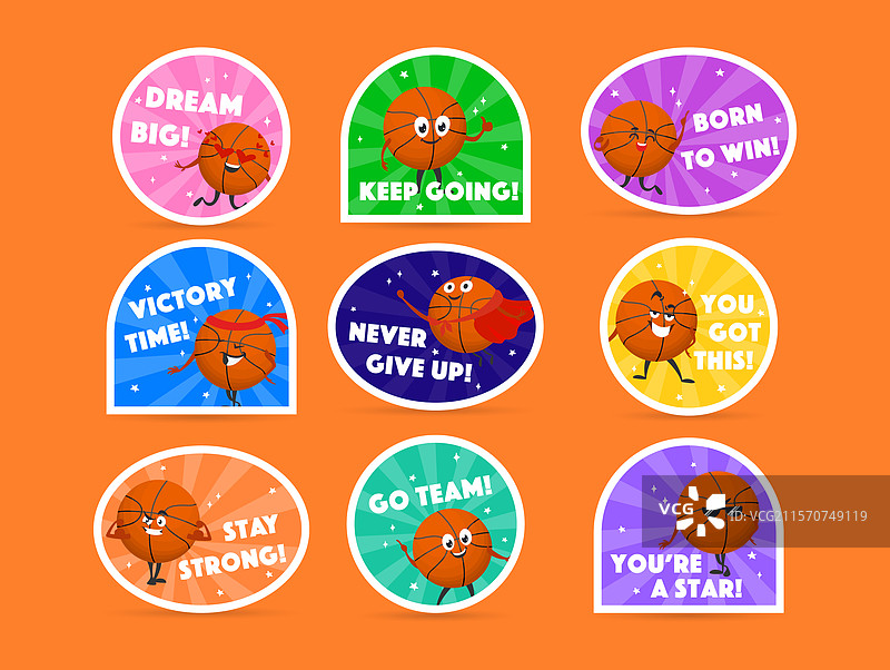 有趣且激励人心的篮球贴纸，特色包括图片素材