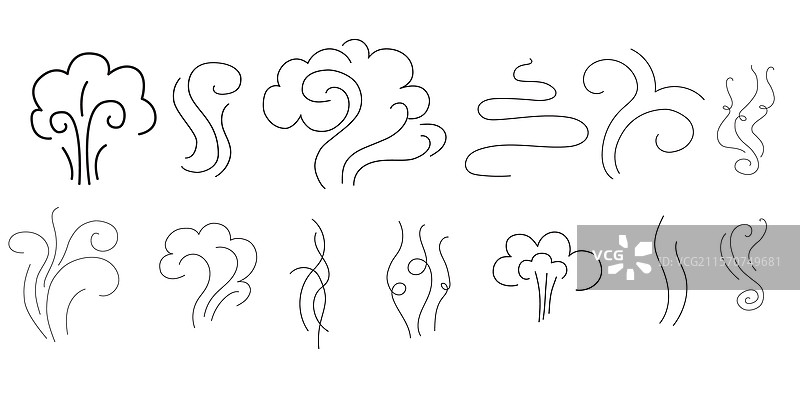 蒸汽和烟雾线条图标集，空气和风图片素材