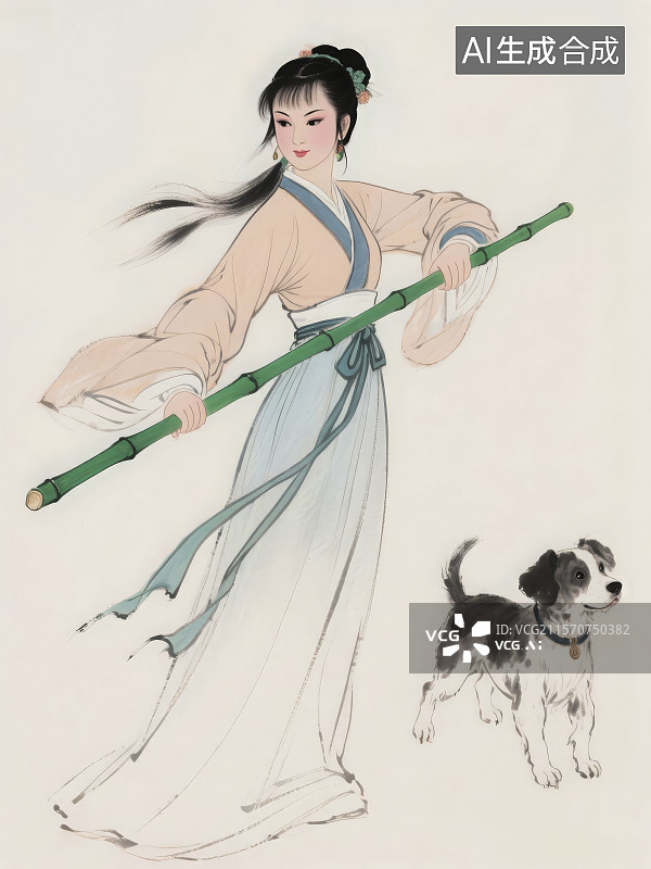 【AI数字艺术】水墨画插画，武侠射雕英雄传人物金庸笔下的黄蓉，打狗捧法图片素材