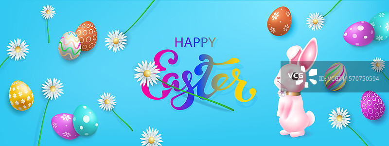 蓝色的复活节彩蛋和可爱的粉色图片素材