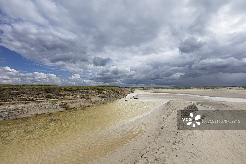 分隔在滑沙区之间：低洼的沙质和泥质区域，每天被潮流淹没，以及盐沼（盐草地）：索姆湾的上部植被景观，法国图片素材