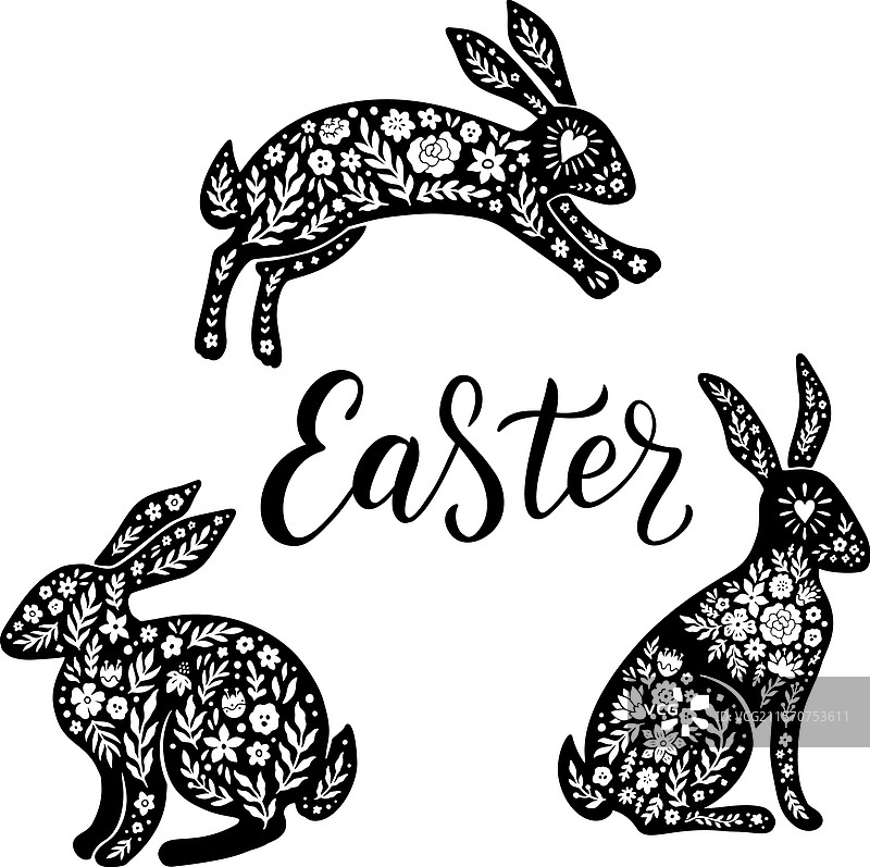 复活节快乐的书法文字与兔子图片素材