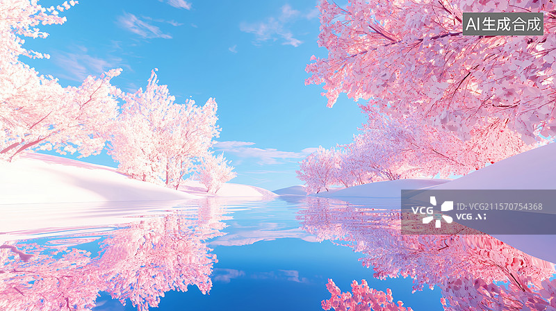 【AI数字艺术】3D樱花树林湖泊春天粉色蓝色玻璃水面倒影天空宁静浪漫唯美清新空旷大气时尚风景壁纸背景图片素材