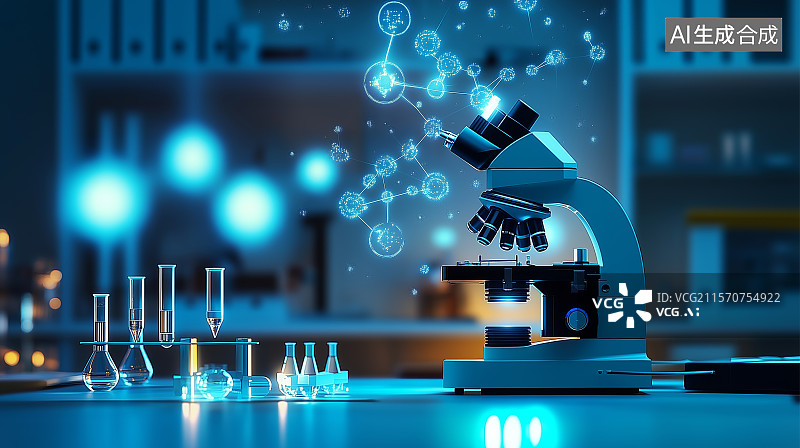 【AI数字艺术】实验室桌上显微镜和其他设备的特写镜头图片素材