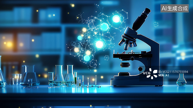 【AI数字艺术】实验室桌上显微镜和其他设备的特写镜头图片素材