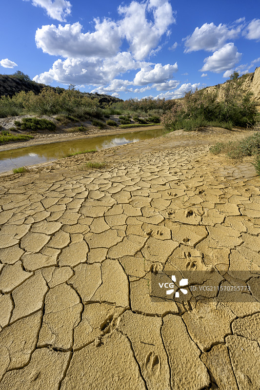 巴尔兰科利马斯,巴尔德纳斯自然公园的一条临时河流。这里是一个广阔的半沙漠地区,侵蚀作用形成了令人印象深刻的岩石地貌和干旱、风蚀、阳光炙烤的荒地,几乎水平的粘土白垩层被雕刻成形。其独特的草原植被使其获得了联合国教科文组织世界生物圈保护区的地位。纳瓦拉 - 西班牙图片素材