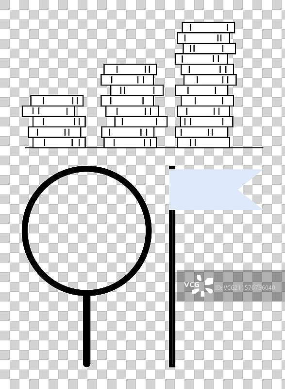 堆叠的硬币与放大镜和目标旗帜图片素材