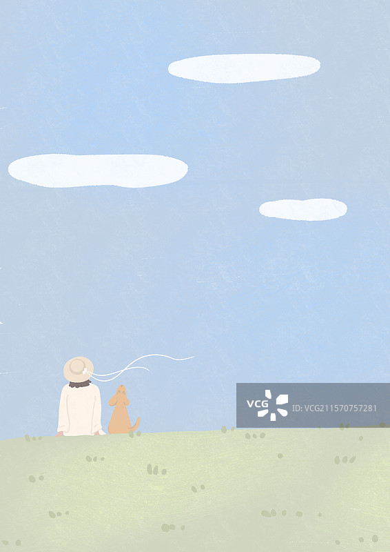 和可爱小狗一起坐在草坪上风景插画图片素材