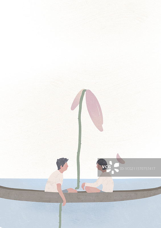 船上的情侣与荷花风景插画图片素材