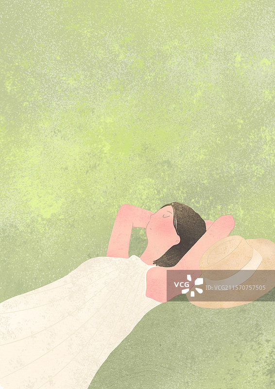 女孩躺在草地享受阳光风景插画图片素材