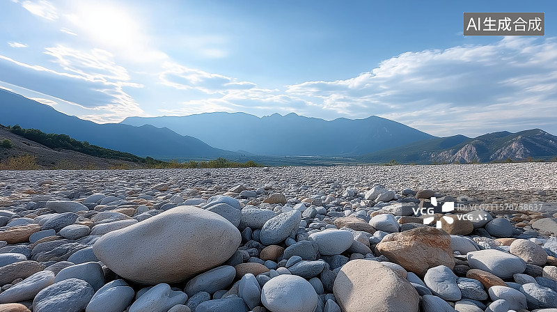 【AI数字艺术】山间卵石滩上的阳光图片素材